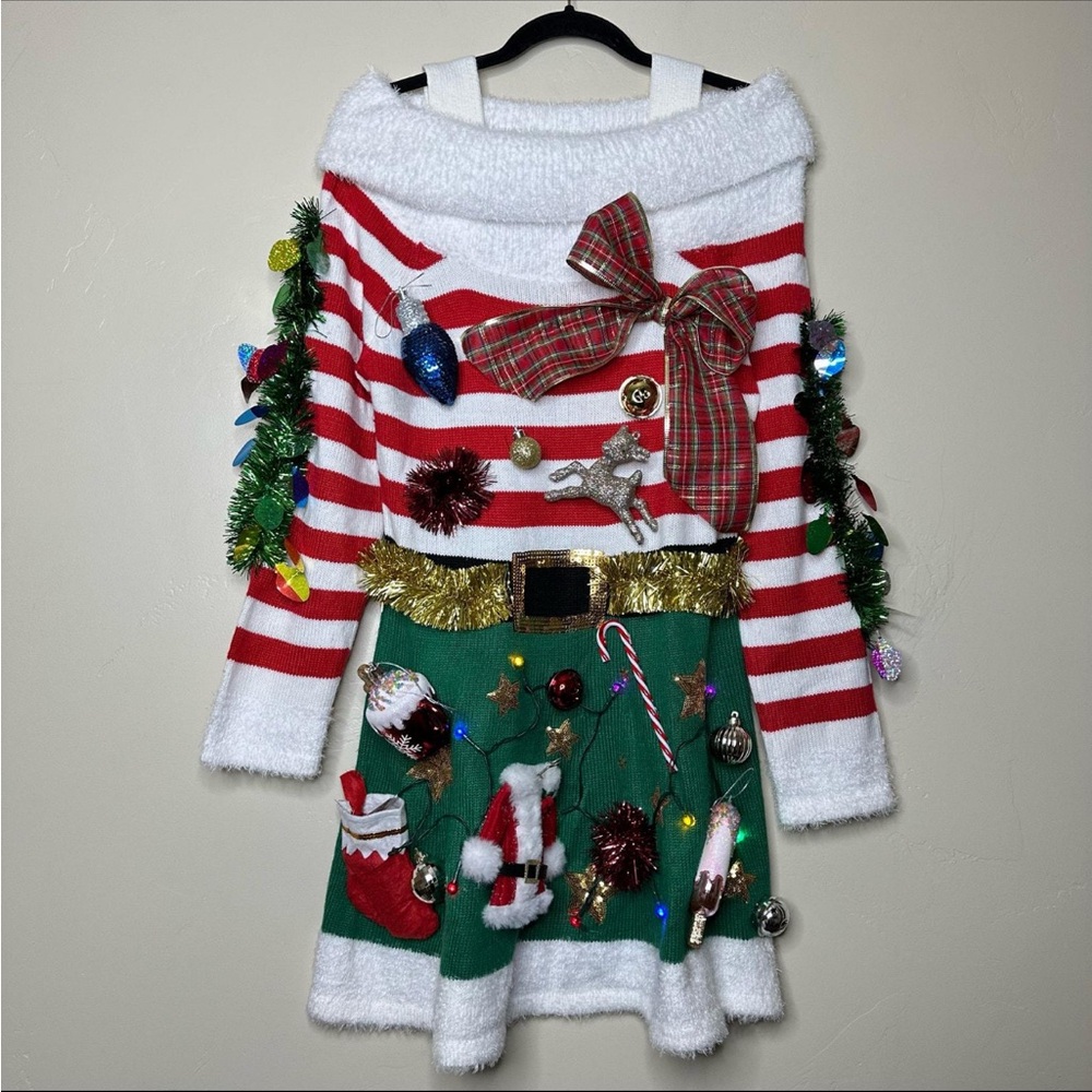 Christmas Sweater Dress elf light up, tacky, tinsel, size medium